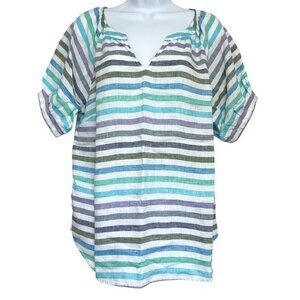 Talbots Linen Top Womens Size M Blue Stripe Puff Sleeve Beachy Coastal Preppy‎